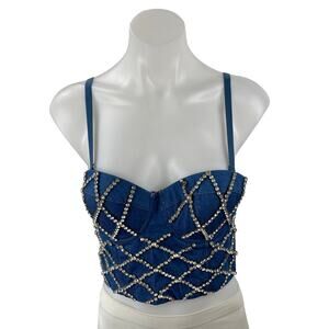 Women's Blue Rhinestone Bustier Corset Sleeveless Denim Jean Crop Top Size 6